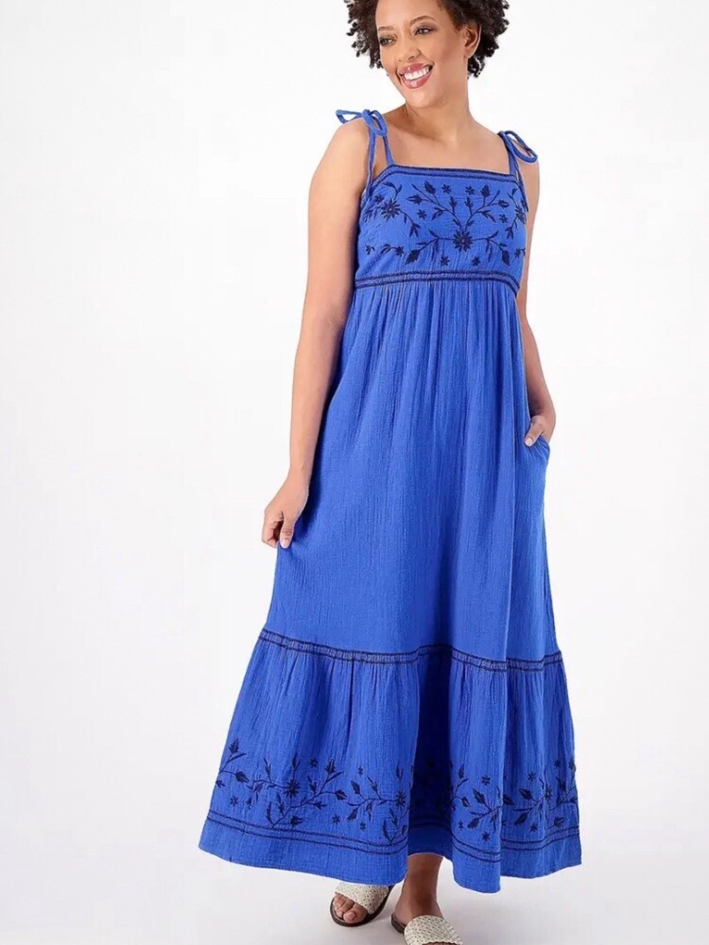 Destination 365 Cobalt Blue Cotton Embroidered Tiered Midi Sundress M Smacked